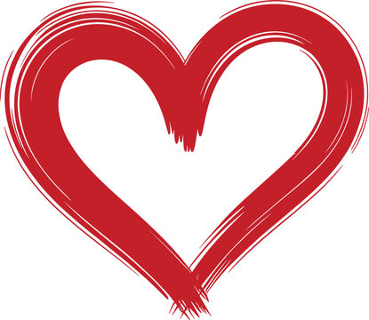 Expressive hand drawn red heart symbol featuring textured paint brush strokes isolated on white background