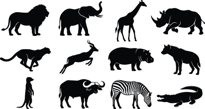 Animal Silhouettes Set with Lions, Zebras, Rhinoceroses, and Other Wildlife in Bold Black Vector Style