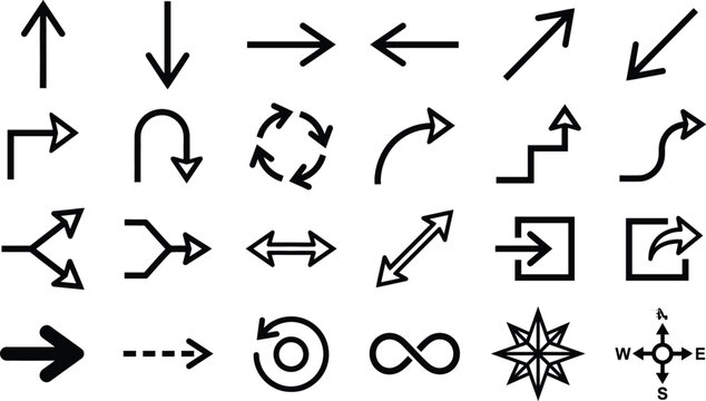 Arrows Direction Icons Set with Black Line Symbols for Navigation, Looping, Curves, and Compass Orientation