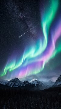 Aurora borealis illuminates the night sky above a jagged mountain range during a clear winter evening.