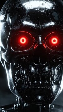 Close up shot of a metallic robotic skull with glowing red eyes.