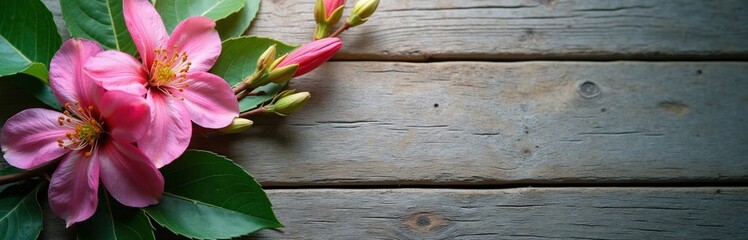 Fototapeta premium Pink flowers and green leaves rest on aged wooden planks. Buds hint at new growth and vibrant spring bloom. Natural beauty presented simply.