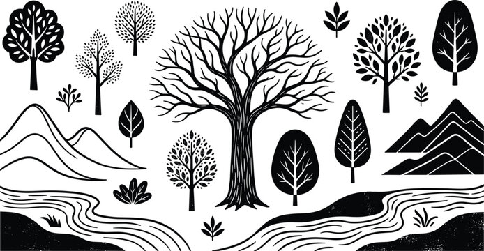 Nature landscape elements pack with black silhouette trees detailed branches mountain ridges and wavy river line graphics