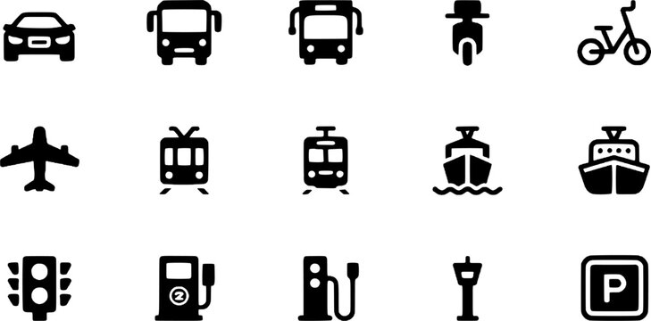 Set of black transportation and infrastructure featuring cars, buses, bicycles, planes, trains, ships, and parking signs on a white background