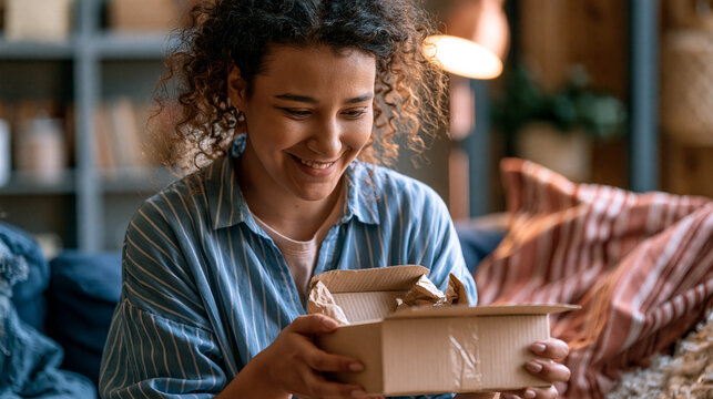 Young woman smiling at home while receiving an online order package, e commerce satisfaction lifestyle photo, no logos