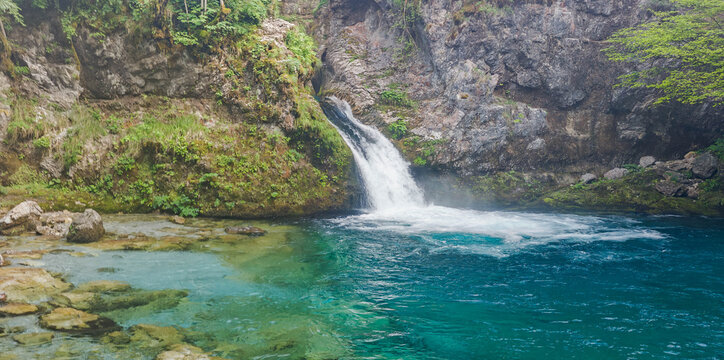 Panoramic view of The Blue Eye Waterfall and Karst Spring in Kaprre