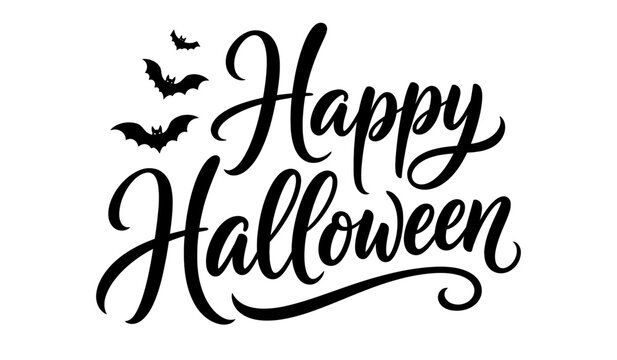 Elegant happy halloween calligraphy text with flying bats for seasonal greetings.