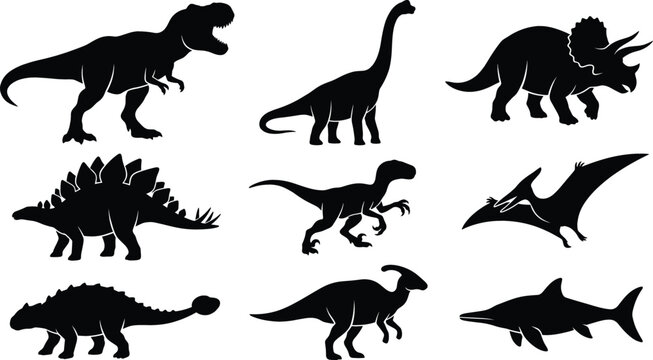 Dinosaur Silhouette Set with Multiple Prehistoric Poses in Bold Black Vector Style on White Background