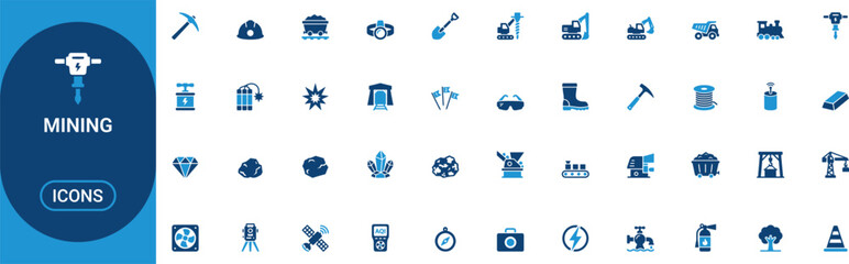 Collection of blue and white mining industry on white background pickaxe hard hat coal cart © Alo