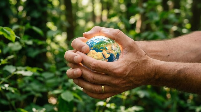 Hands gently holding a miniature globe symbolizing environmental care and global responsibility amidst greenery