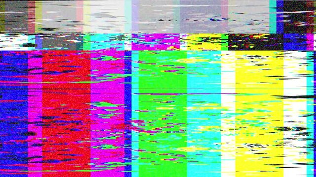 No signal VHS color bars glitch animation with analog distortion and retro broadcast test screen. Perfect for vintage video, VFX, motion graphics, TV effects, and digital overlays.