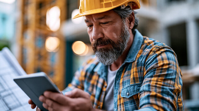 Construction engineer reviewing blueprints on site with safety helmet and tablet during architecture project management work