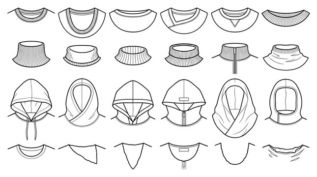 shawl and oversized cowl neckline types flat sketch vector illustration technical cad drawing template transparent background