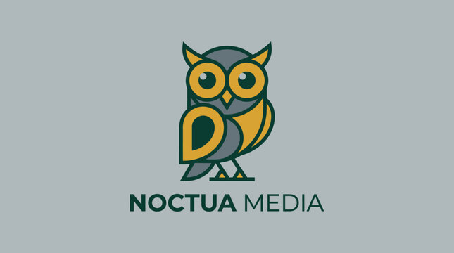 Owl mascot logo design for noctua media company featuring modern flat vector illustration.