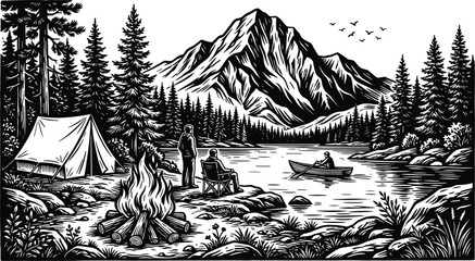 Retro woodcut engraving landscape of mountain lake campsite with friends resting near tent bonfire and rowing boat © mdtanjimul