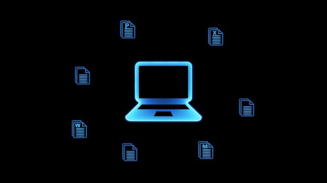Neon glowing laptop surrounded by digital document icons such as Word, Excel, PowerPoint and files, futuristic data storage, document sharing, office work, file management and cloud computing concept