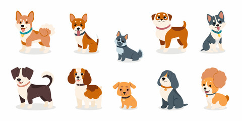 Fototapeta premium Collection Of Cartoon Dogs Colorful Vector Illustration On White Background