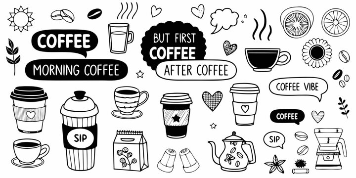 Coffee themed hand drawn vector illustration with cups beans and lettering
