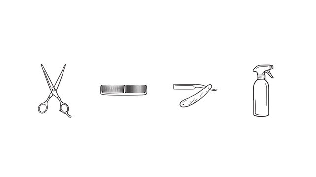 Barber tools and equipment for grooming and haircut, including scissors, comb, razor, and spray bottle