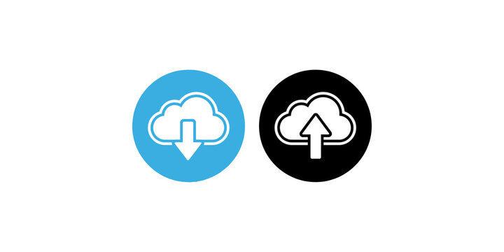 Cloud download icon with downward arrow inside round blue button isolated graphic asset