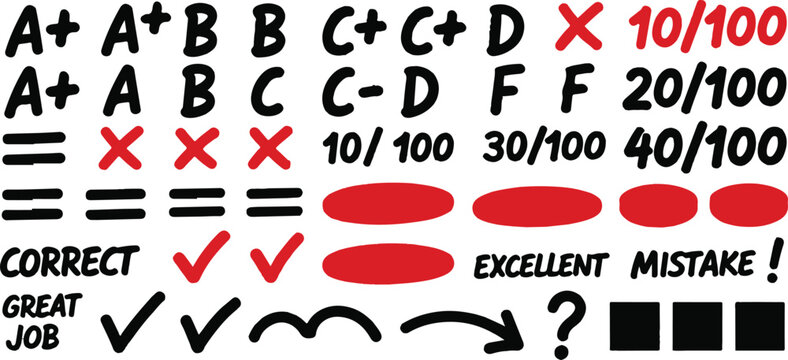 Grading symbols including letter marks and checkmarks plus red failure crosses with numeric scores for teacher evaluation usage.