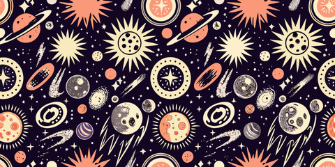 Retro Space Pattern Vector Illustration With Planets And Stars © Asish
