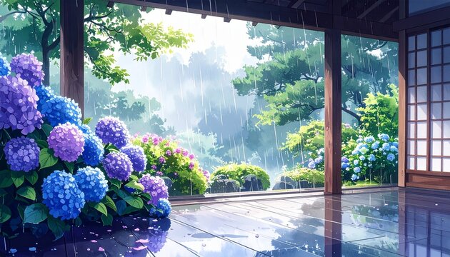 Japanese veranda overlooking a rainy hydrangea garden, serene rainy season anime landscape