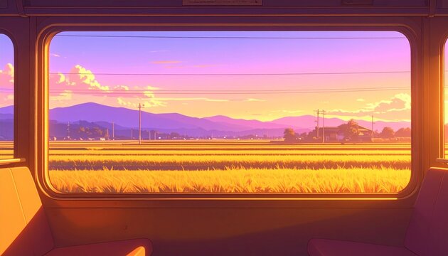 View from a train window of golden rice fields and mountains at sunset, dreamy pastel anime countryside