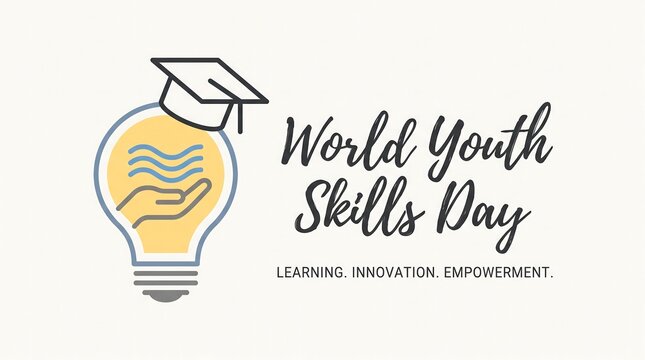World Youth Skills Day banner with lightbulb and graduation cap icon, learning innovation and empowerment concept, educational vocational training graphic