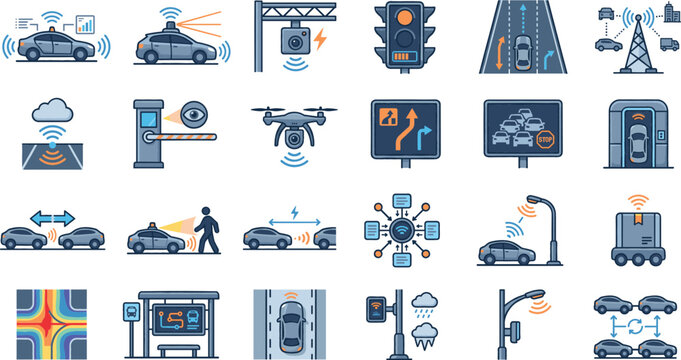 Traffic Light and Road Sensors Icons Set with Wireless Network Signals, Cameras, Vehicles, and Crossing Guidance