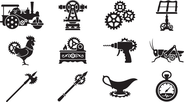 Set of black steampunk style icons with mechanical gears and clockwork elements on various objects isolated on white background, Vector