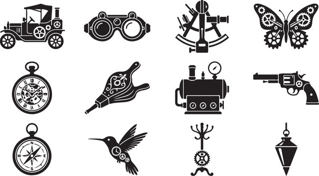 Set of black steampunk icons with mechanical gears and clockwork machinery elements for vintage design isolated on white background, Vector