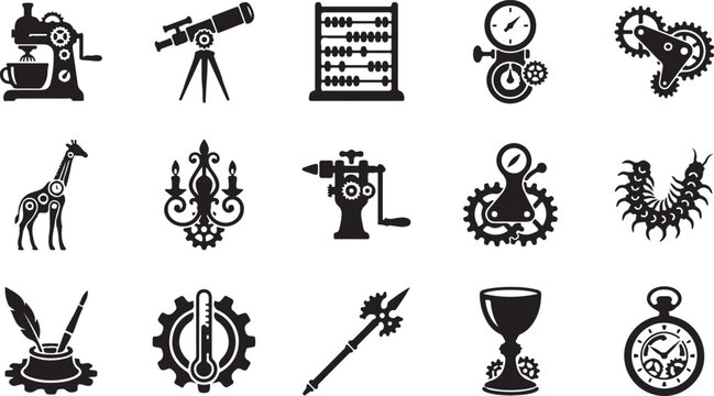 Set of black steampunk icons with vintage machinery mechanical animals and retro scientific tools isolated on white background, Vector