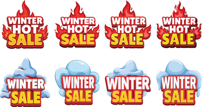 Winter Sale Promotional Badge Collection with Hot Fire and Snow Cartoon Stickers