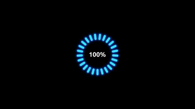 Circular loading progress indicator with animated percentage, glowing blue progress ring, buffering interface, and futuristic HUD technology overlay.