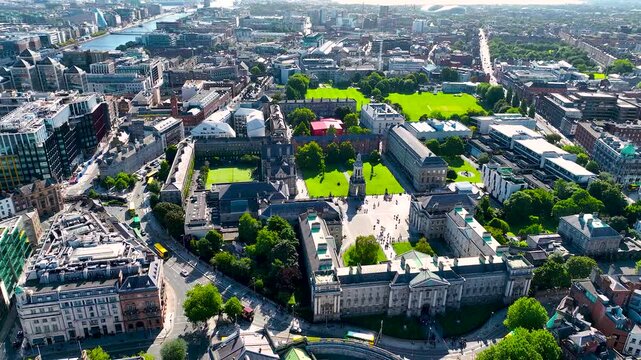 Aerial view of Trinity College in Dublin, the sole constituent college of the University of Dublin and a research university in Dublin, Ireland
