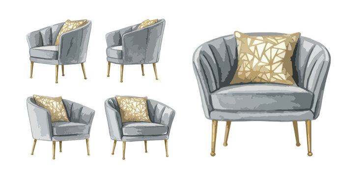 Modern armchair vector set from different angles, flat design minimalist boucle sofa chair illustration, front, side, and top view orthographic interior clipart isolated on white background.