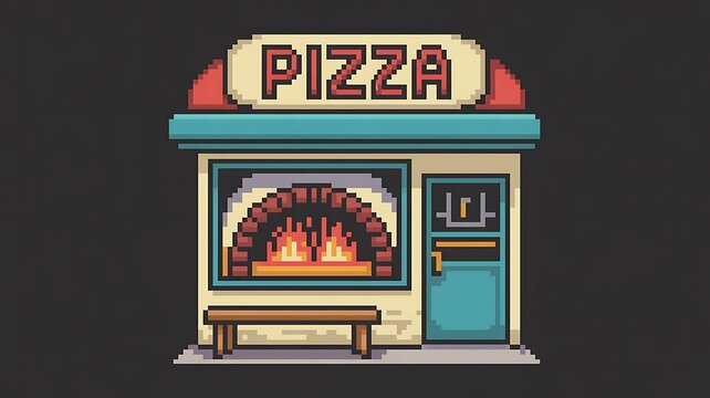 Pixel art pizza shop storefront with brick oven and retro restaurant exterior