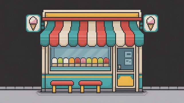 Pixel art pizza shop storefront with brick oven and retro restaurant exterior