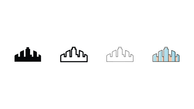Four different city skylines in black white and color on transparent background  urban landscape icons