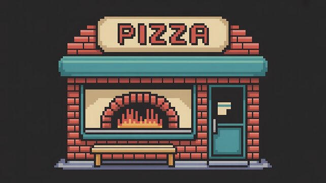 Pixel art pizza shop storefront with brick oven and retro restaurant exterior