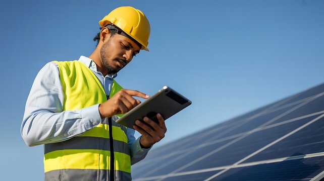 Solar energy technician inspecting photovoltaic panels with tablet in renewable power industry