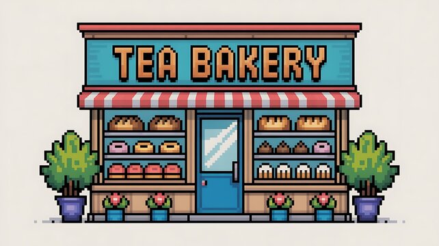 Pixel art tea bakery storefront with fresh bread pastries and cozy cafe exterior
