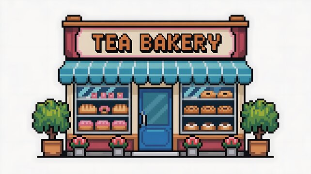 Pixel art tea bakery storefront with fresh bread pastries and cozy cafe exterior