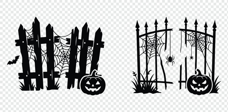 Halloween haunted wooden fence and rusty iron gate silhouettes