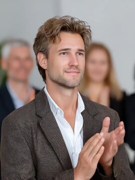 Young man applauding with genuine appreciation in a professional business meeting setting, showing support and positive engagement.
