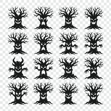 Set of scary haunted tree silhouettes with evil faces
