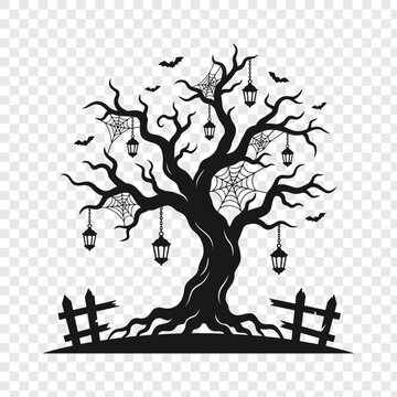 Haunted Halloween tree silhouette with hanging lanterns and spider webs