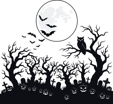 Scary Halloween graveyard silhouette with moon and bats illustration