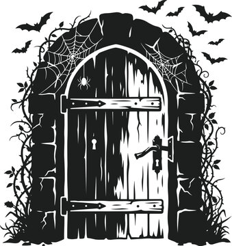 Gothic haunted house doorway silhouette with spider webs and bats